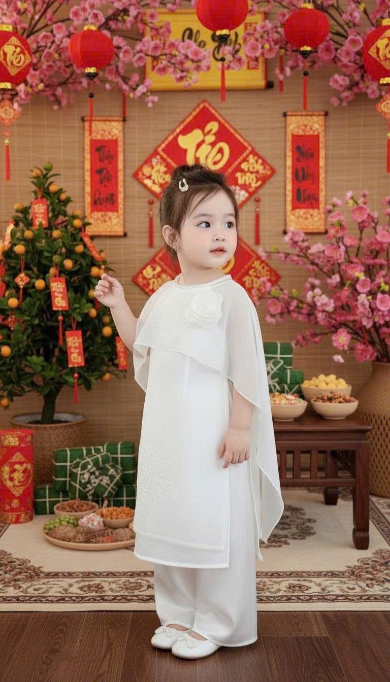 áo dài cổ yếm khăn voan choàng bé gái