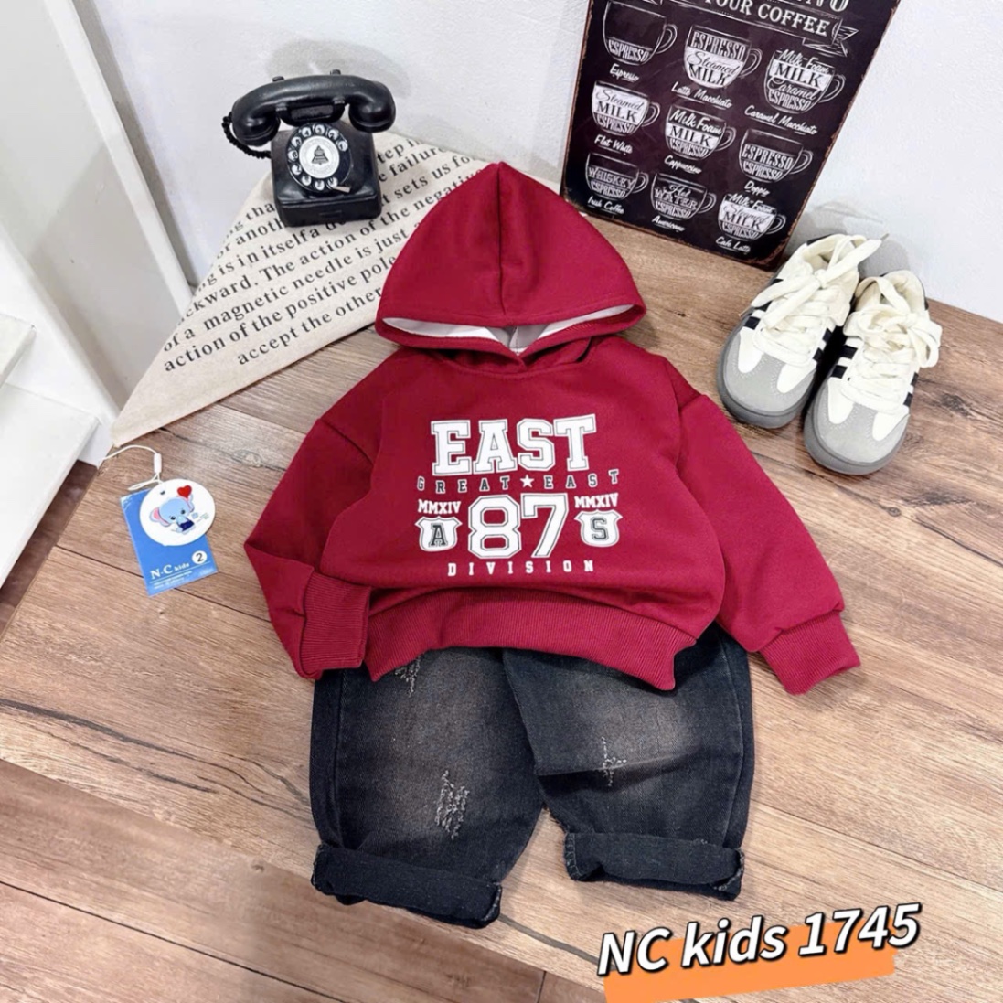 Sét bộ nỉ chữ mũ liền quần bò khói bé trai