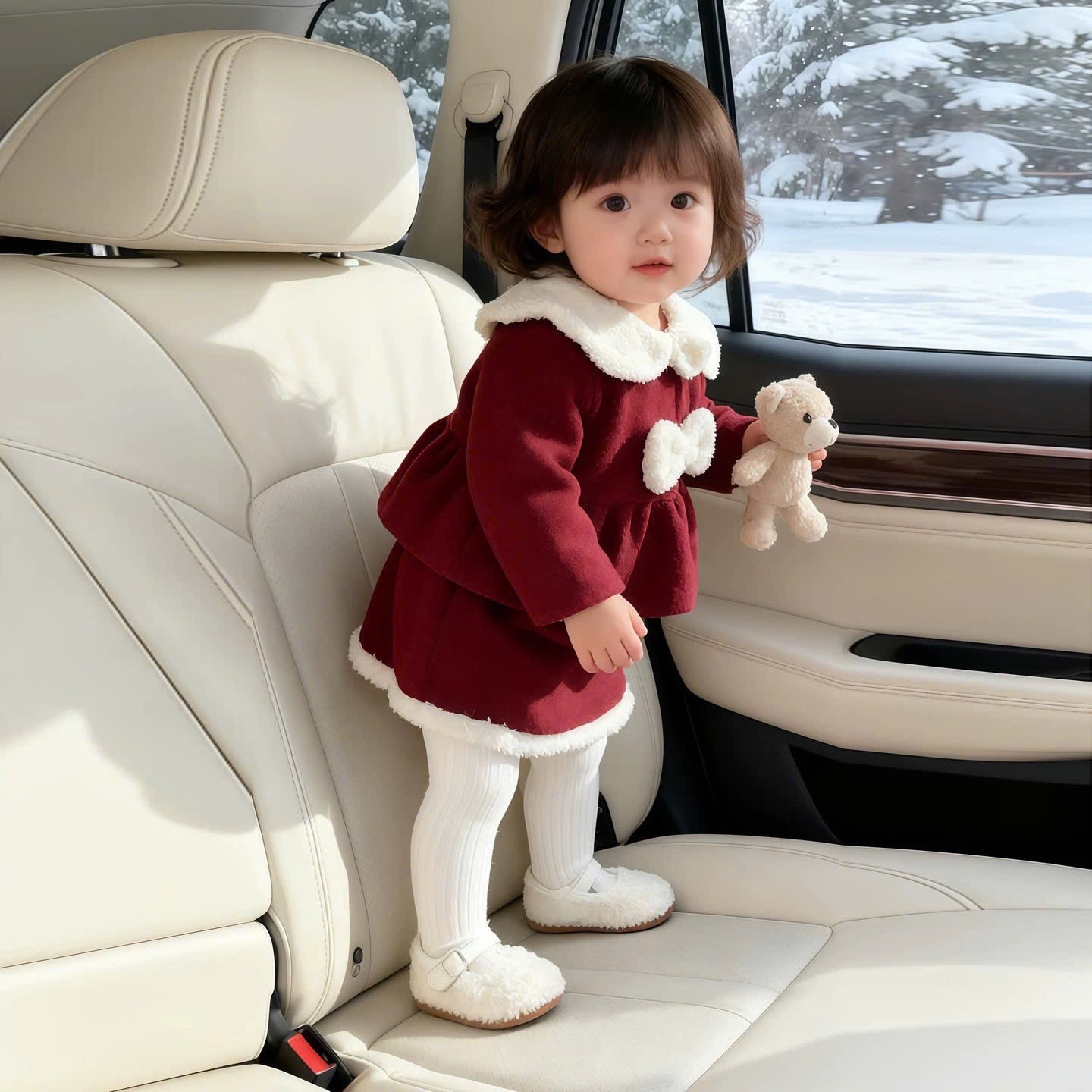 Sét dạ đỏ cổ lông cv chữ a cho bé gái