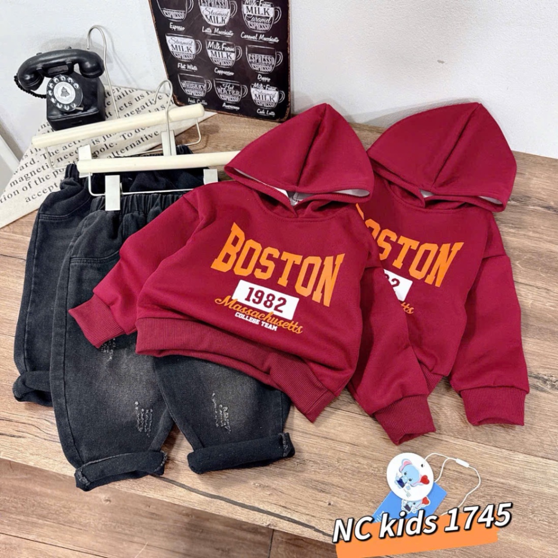 Sét bộ nỉ chữ mũ liền quần bò khói bé trai