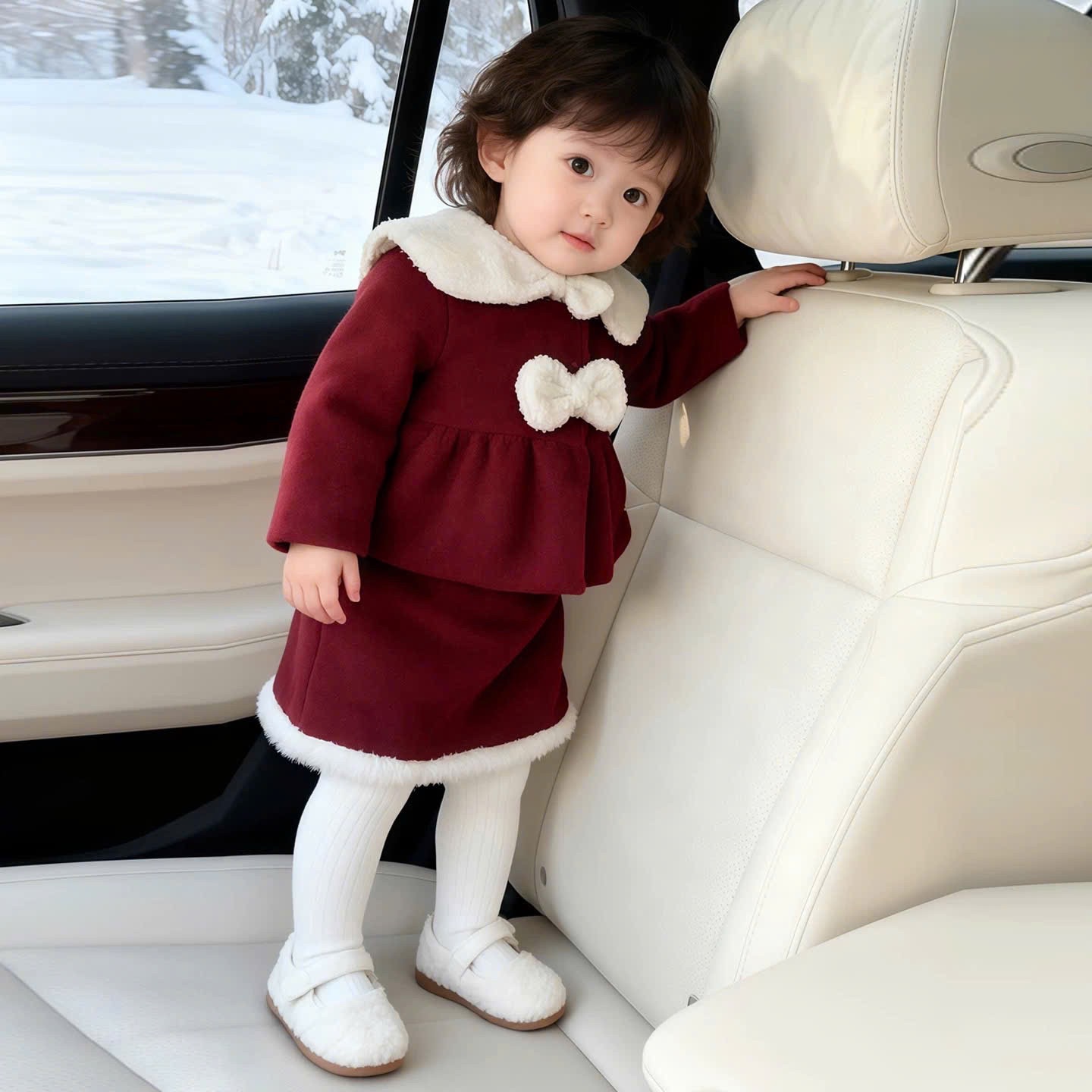 Sét dạ đỏ cổ lông cv chữ a cho bé gái