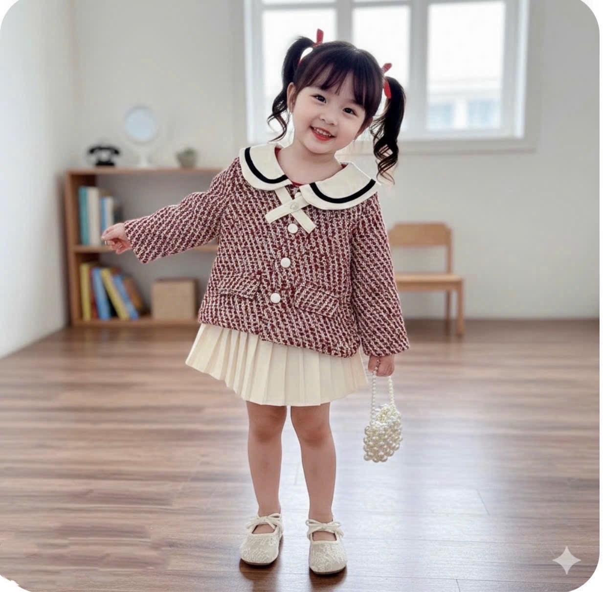 Sét áo dạ cổ sen cv trắng xếp ly bé gái