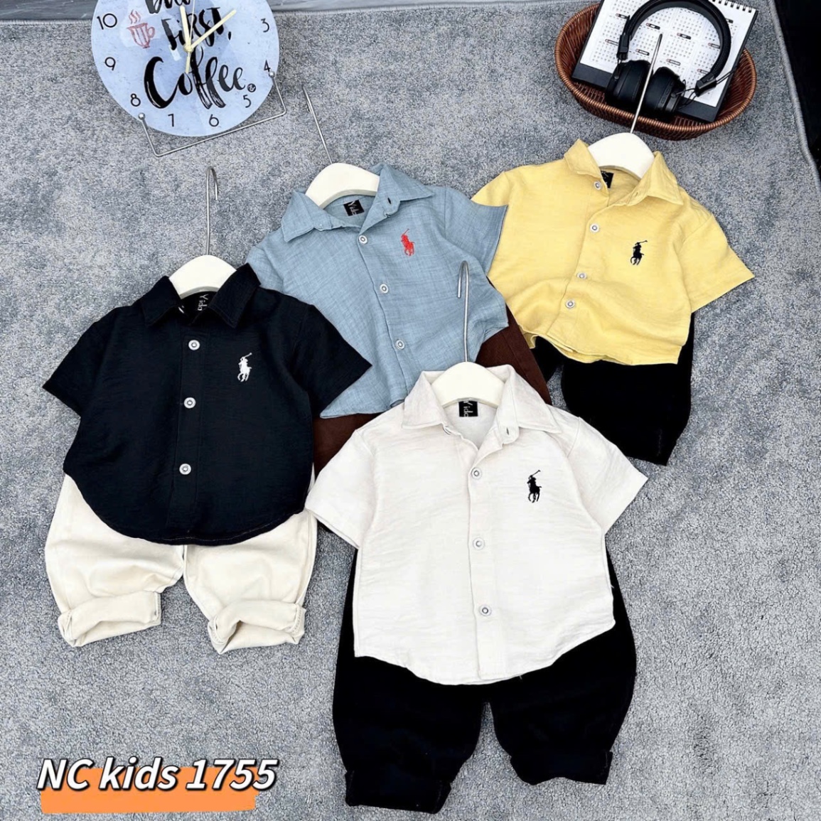 Sét áo sơ mi đũi quần kaki co giãn hình thêu cho bé trai
