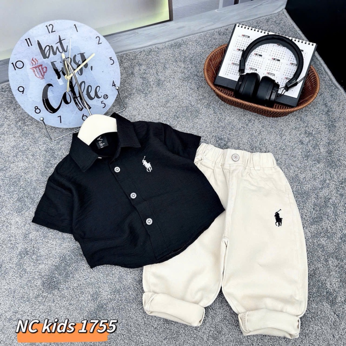 Sét áo sơ mi đũi quần kaki co giãn hình thêu cho bé trai