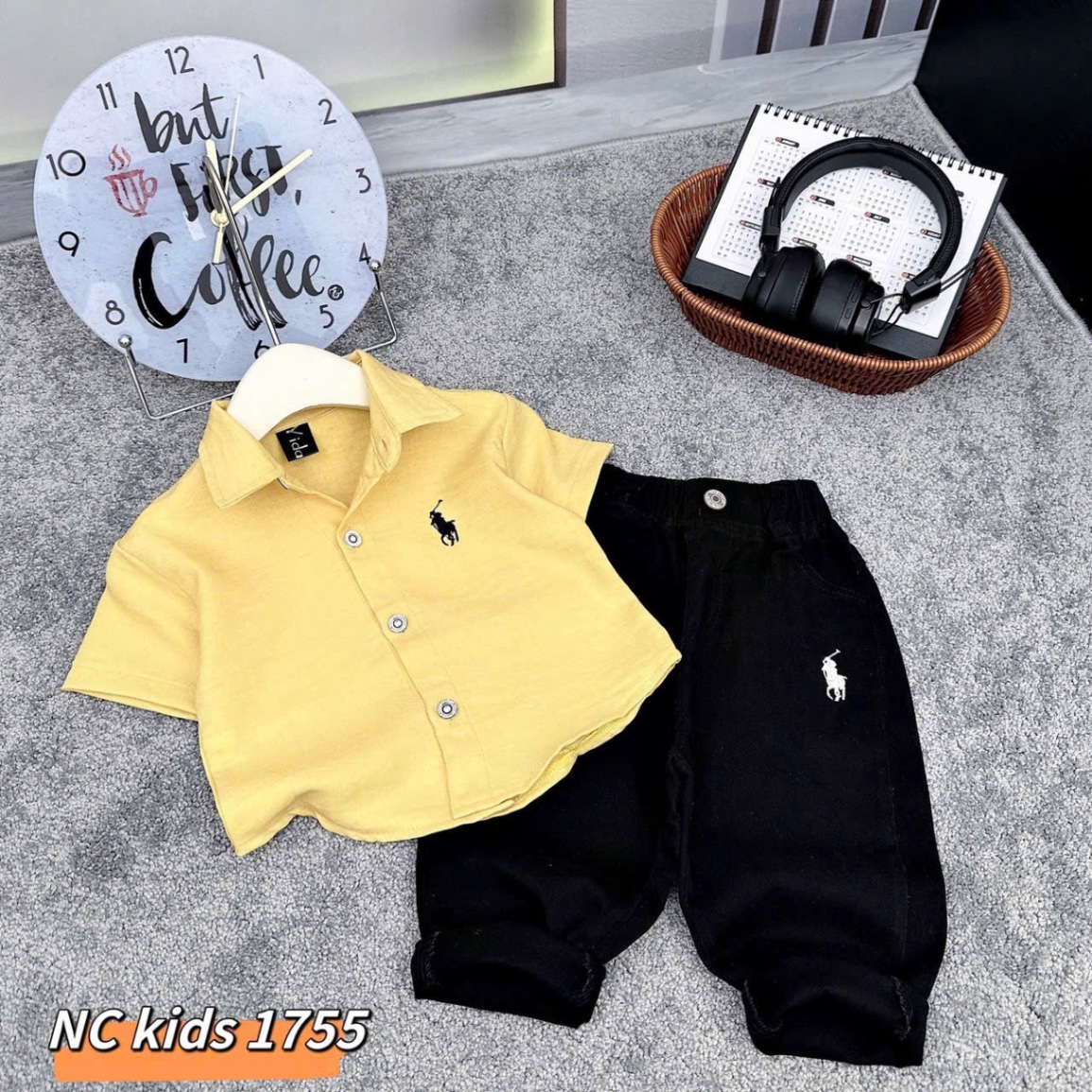 Sét áo sơ mi đũi quần kaki co giãn hình thêu cho bé trai