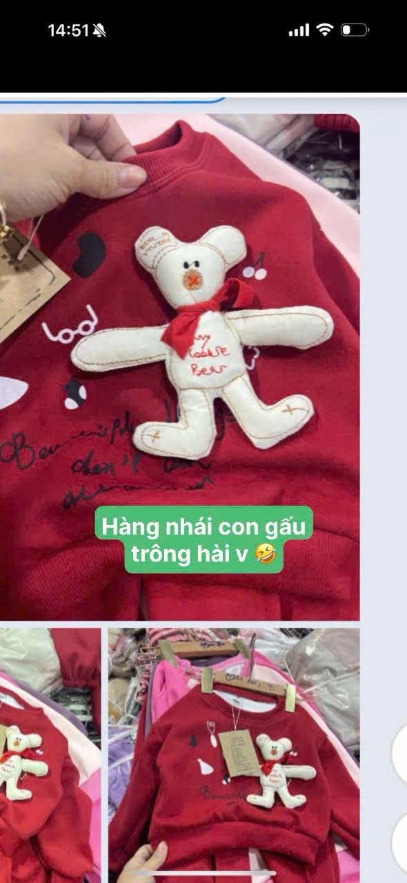 Sét bộ nỉ đỏ gấu nhỏ đính bé gái