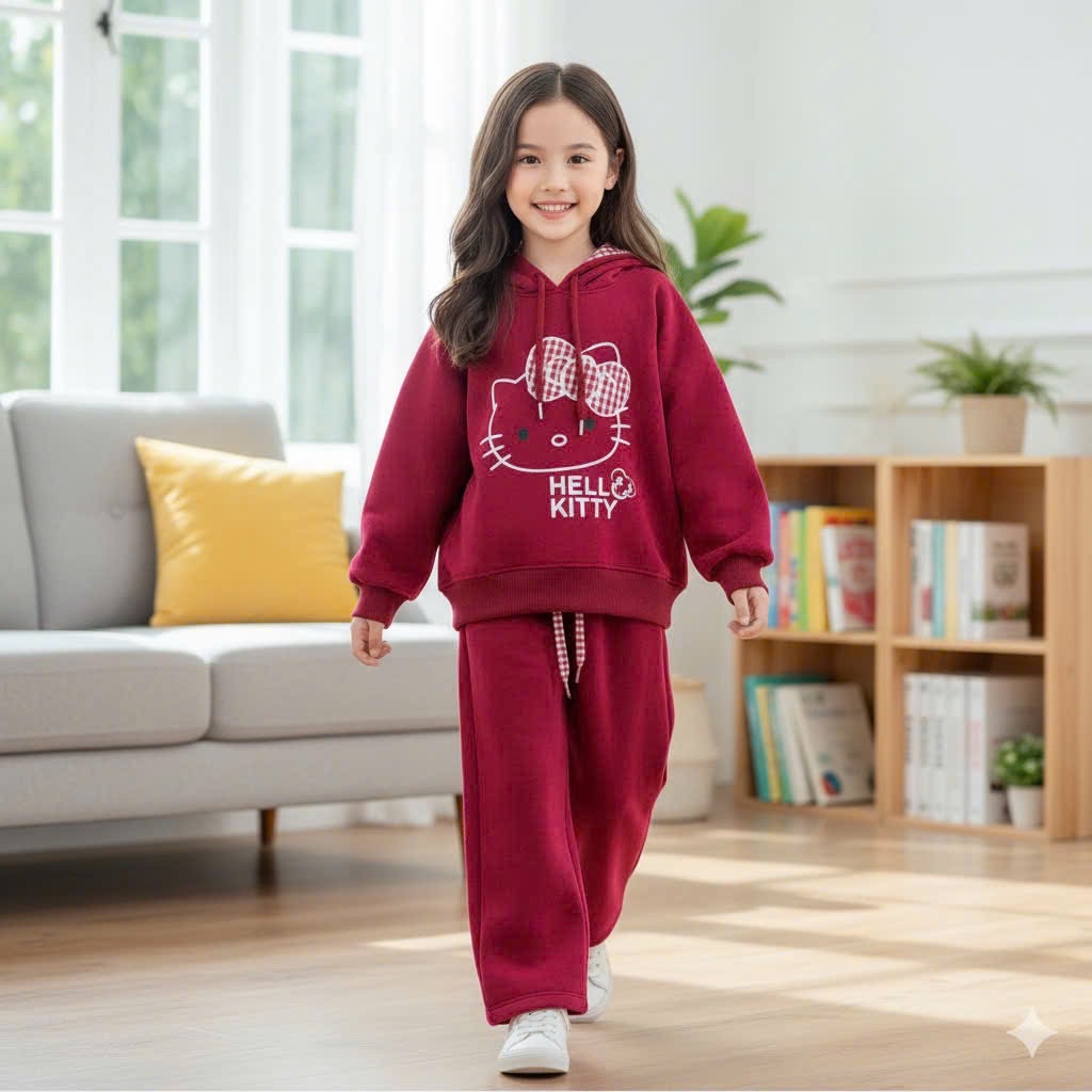 Sét bộ nỉ đỏ mũ kiền kitty quần xuông bé gái