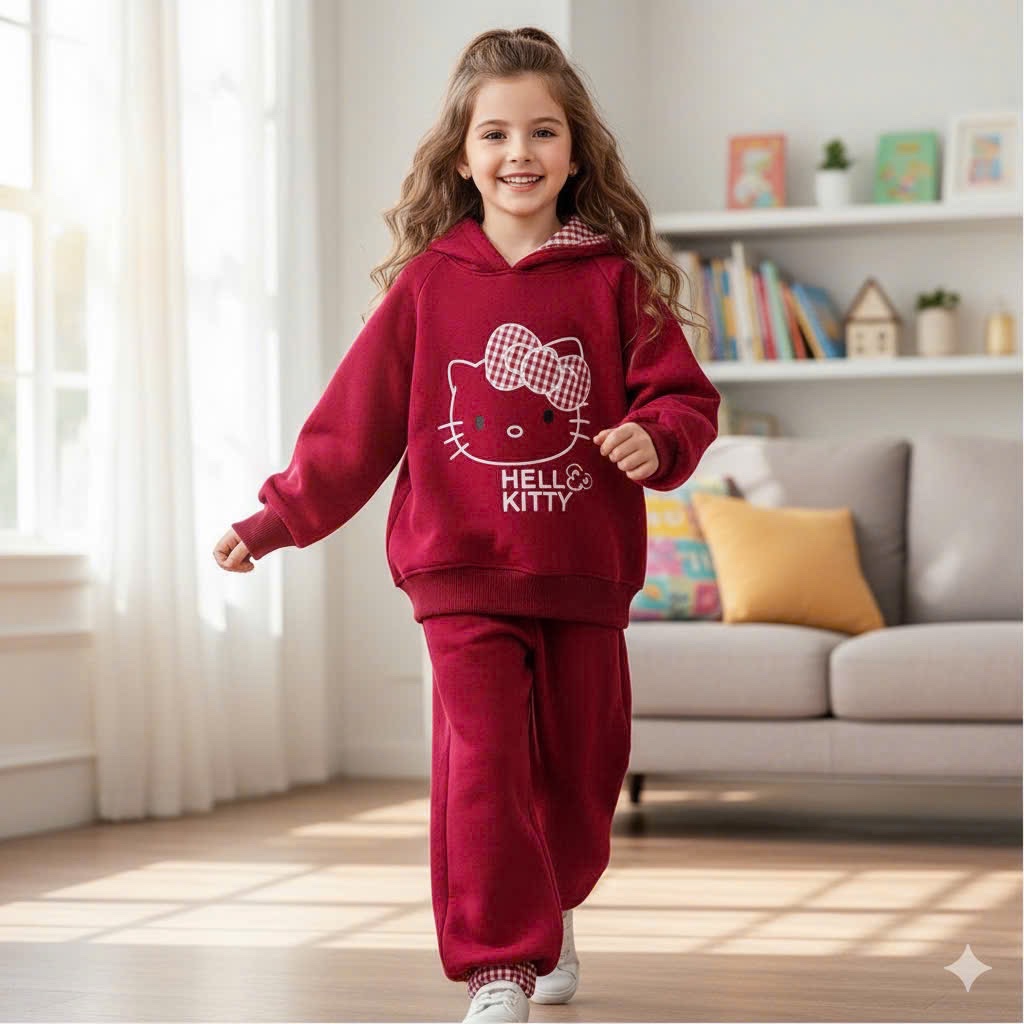 Sét bộ nỉ đỏ mũ kiền kitty quần xuông bé gái