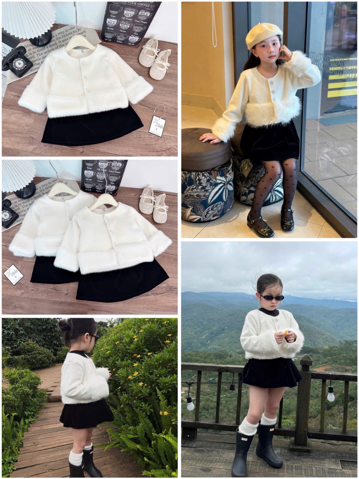 Sét áo dạ lông mịn chân váy nhung đen bé gái