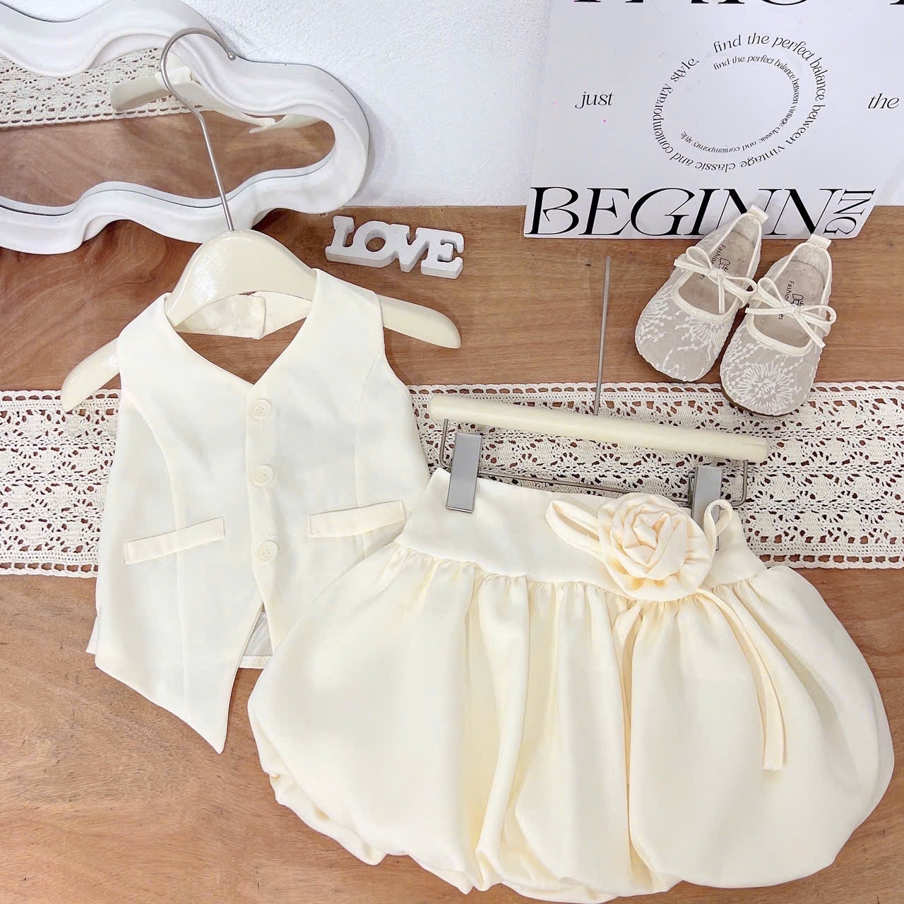 Sét bộ kem gile chân váy bồng bé gái