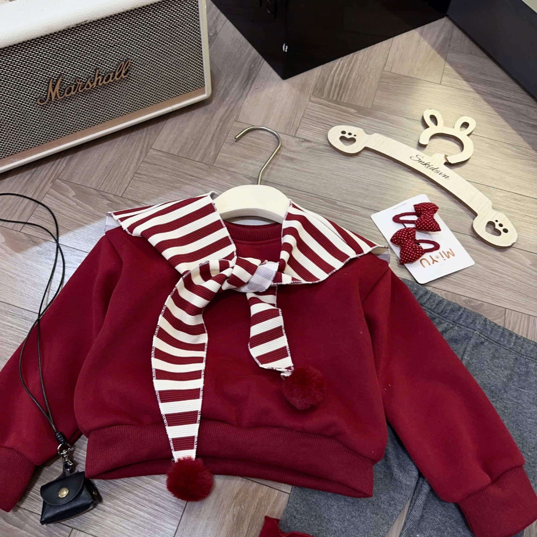 Sét bộ nỉ lót lông mịn quần legging khăn kẻ bé gái