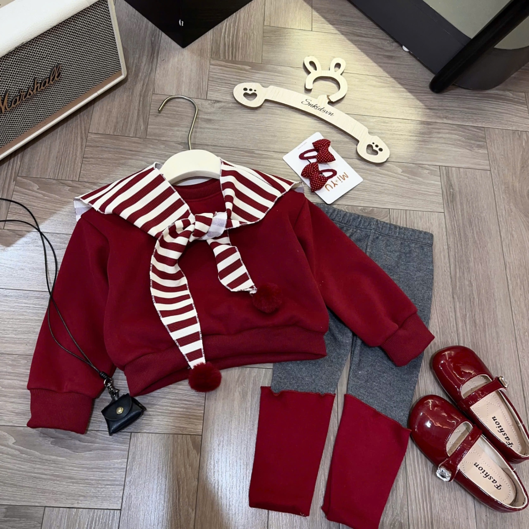 Sét bộ nỉ lót lông mịn quần legging khăn kẻ bé gái