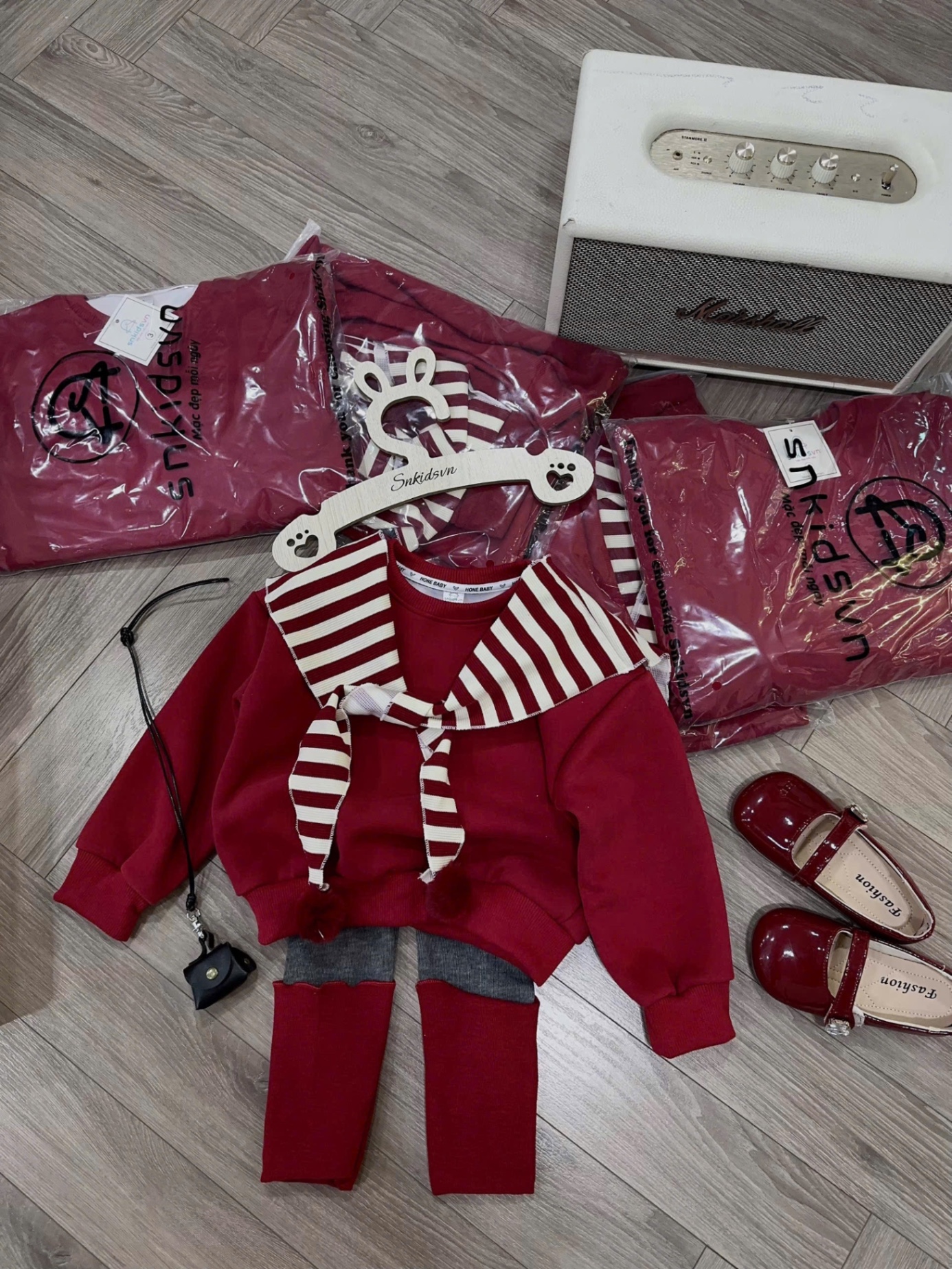 Sét bộ nỉ lót lông mịn quần legging khăn kẻ bé gái