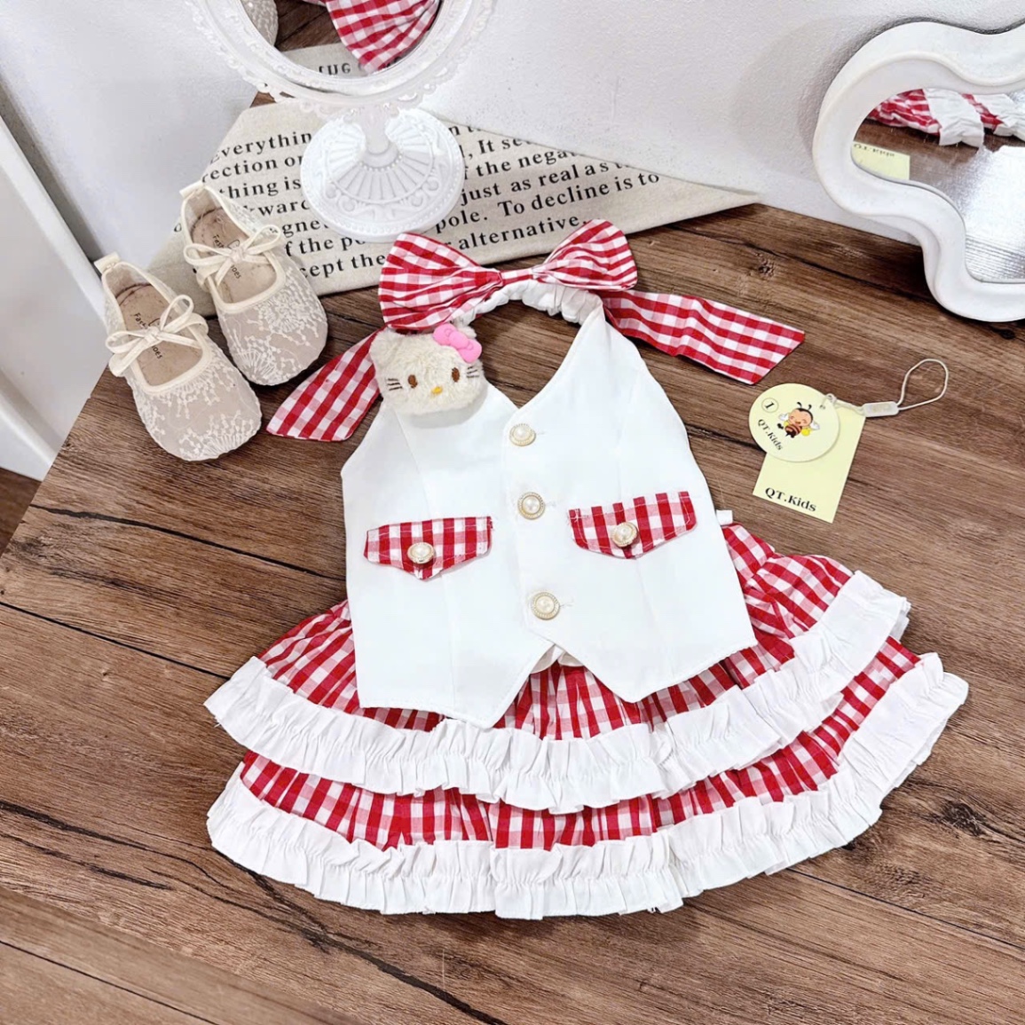 Sét áo giả vest cổ yếm cv kẻ caro tầng bé gái