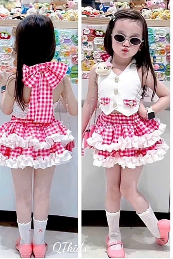 Sét áo giả vest cổ yếm cv kẻ caro tầng bé gái