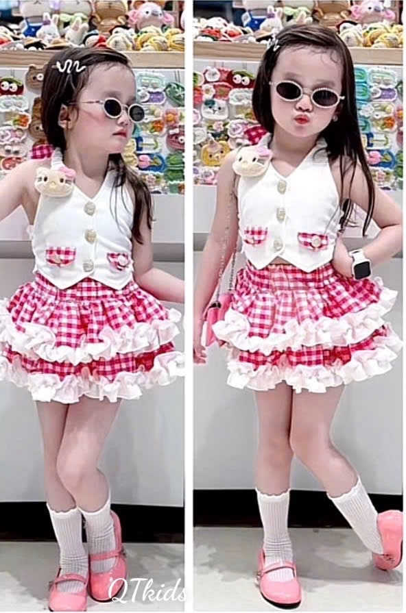 Sét áo giả vest cổ yếm cv kẻ caro tầng bé gái