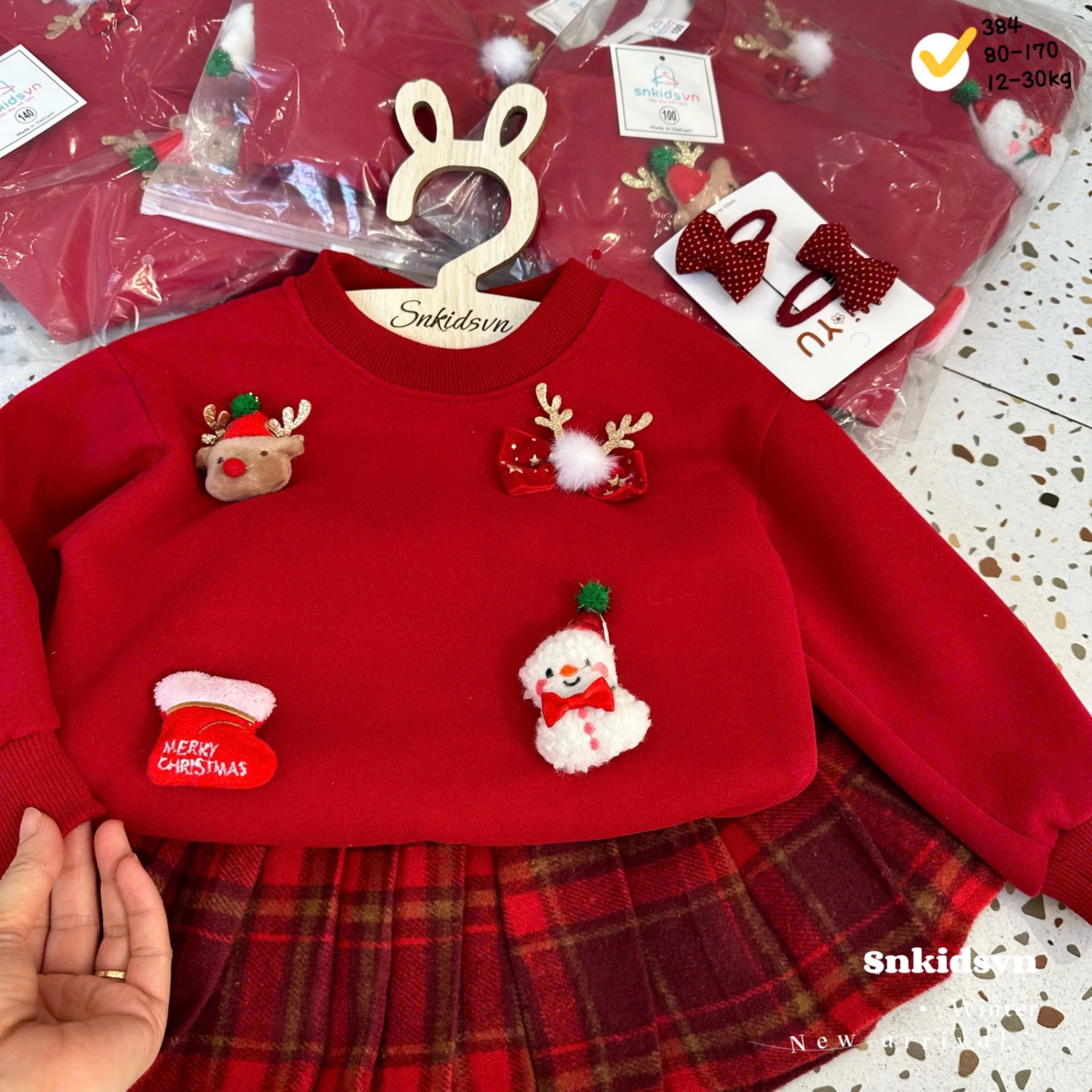 Sét áo nỉ hai da noel cv kẻ dạ đẹp bé gái