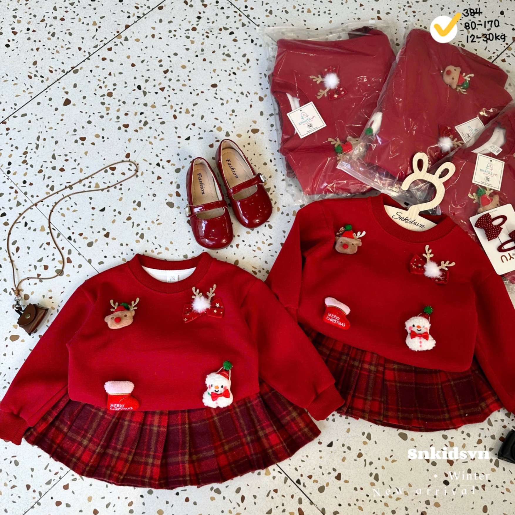 Sét áo nỉ hai da noel cv kẻ dạ đẹp bé gái