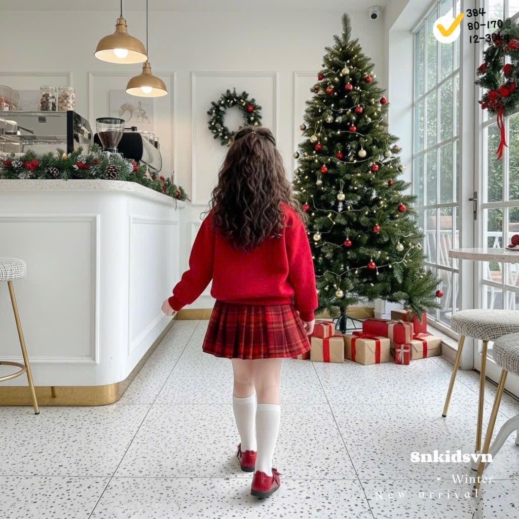 Sét áo nỉ hai da noel cv kẻ dạ đẹp bé gái