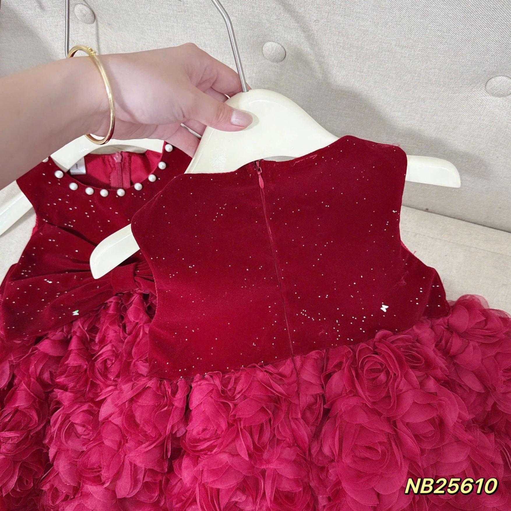 Sét váy nhung đỏ cổ ngọc thân bồng hoa bé gái