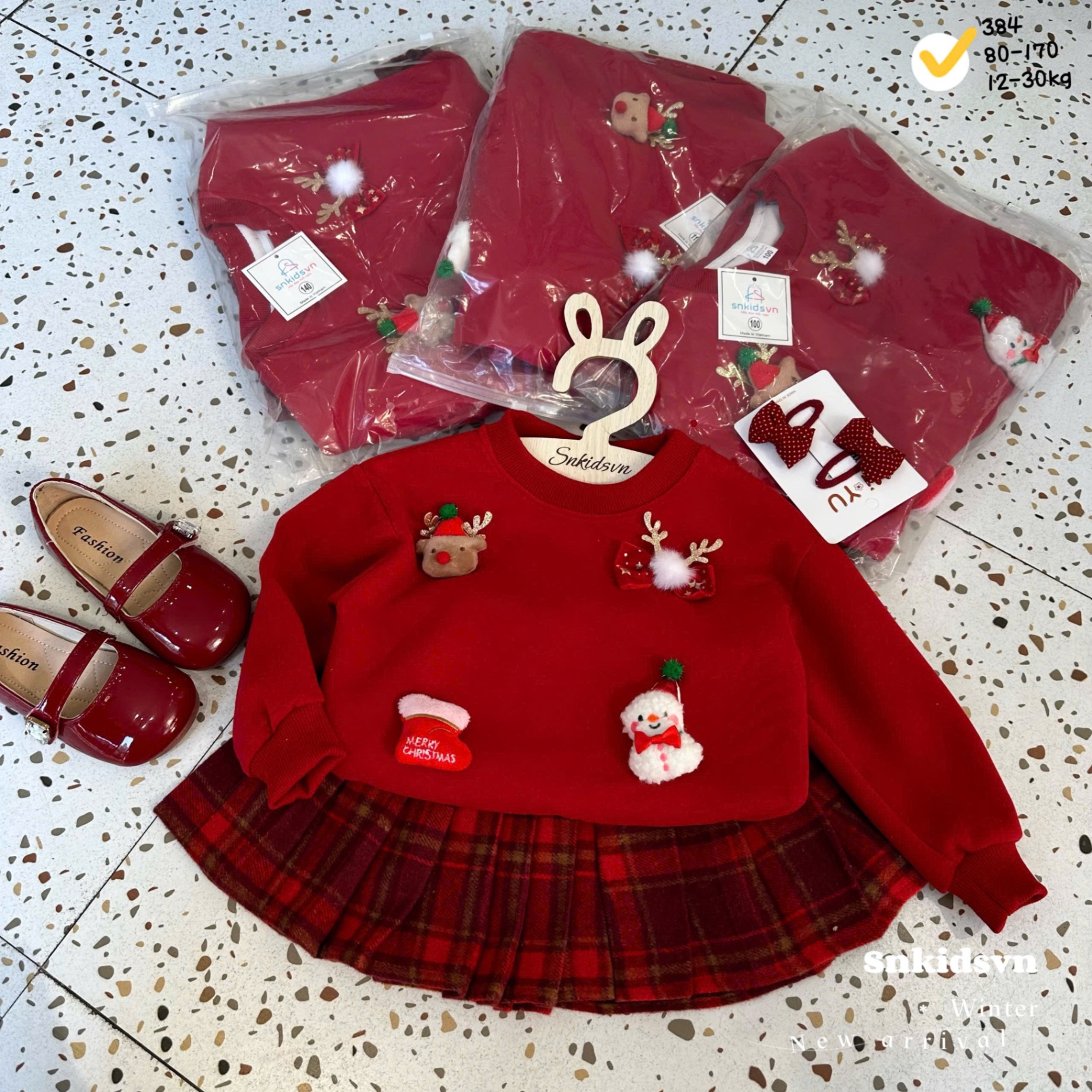 Sét áo nỉ hai da noel cv kẻ dạ đẹp bé gái