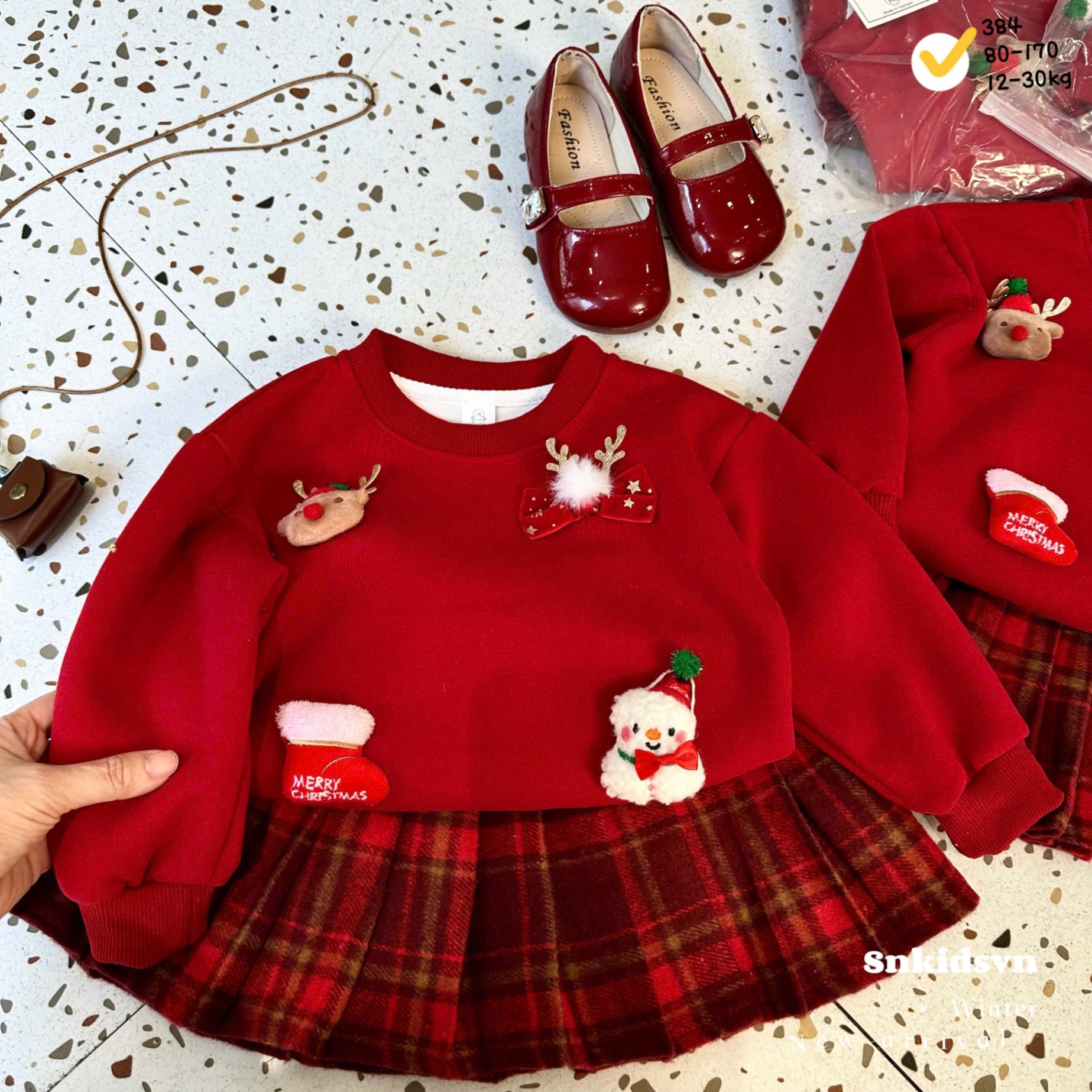 Sét áo nỉ hai da noel cv kẻ dạ đẹp bé gái