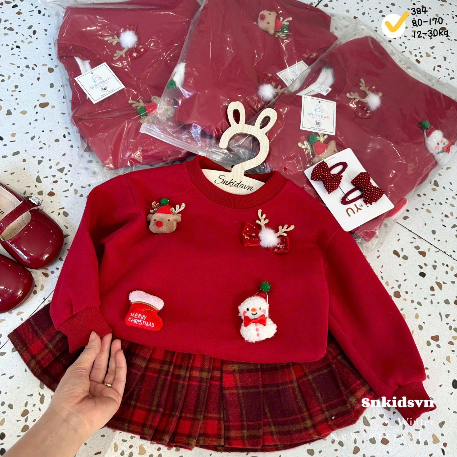 Sét áo nỉ hai da noel cv kẻ dạ đẹp bé gái