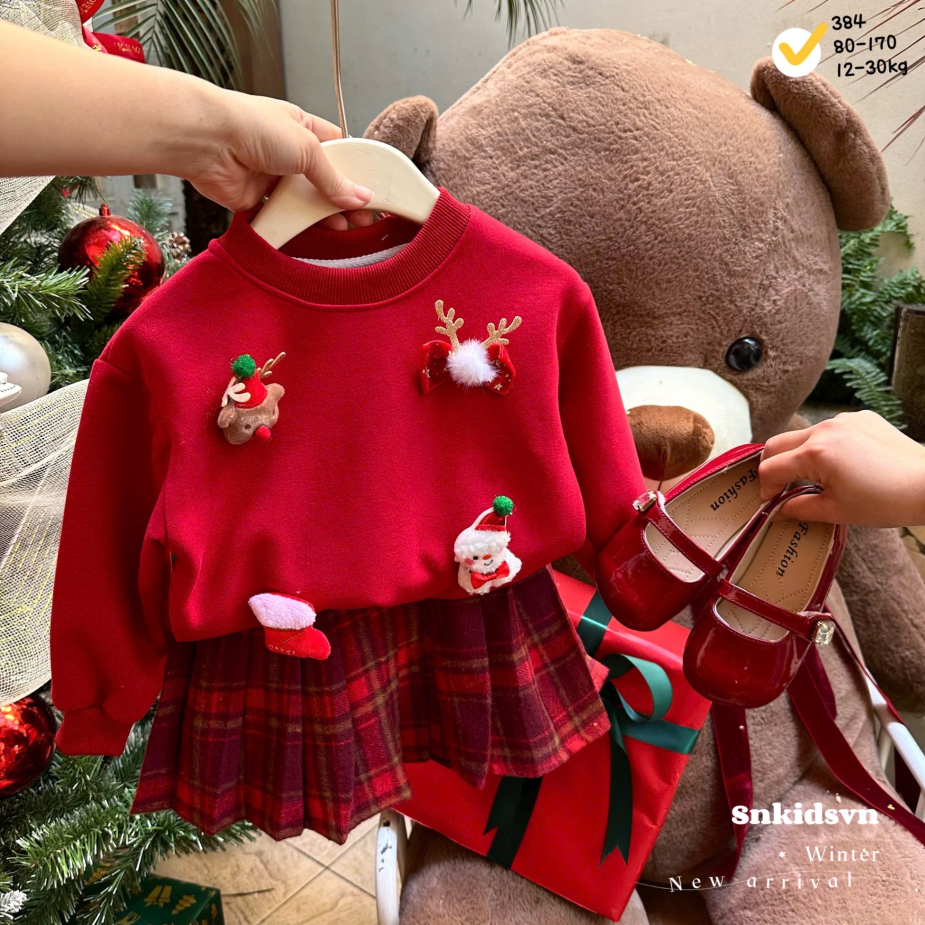Sét áo nỉ hai da noel cv kẻ dạ đẹp bé gái