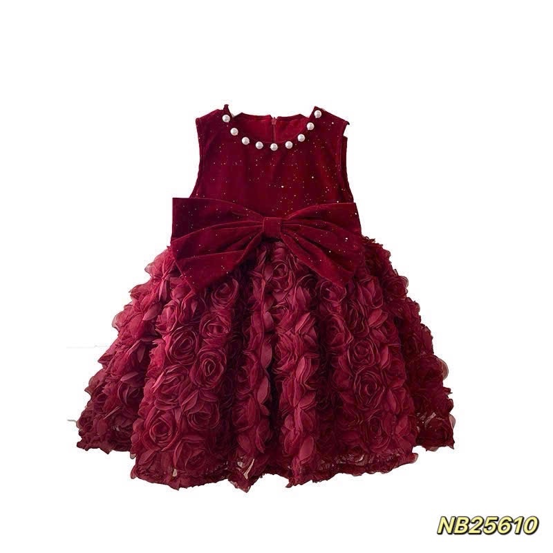 Sét váy nhung đỏ cổ ngọc thân bồng hoa bé gái