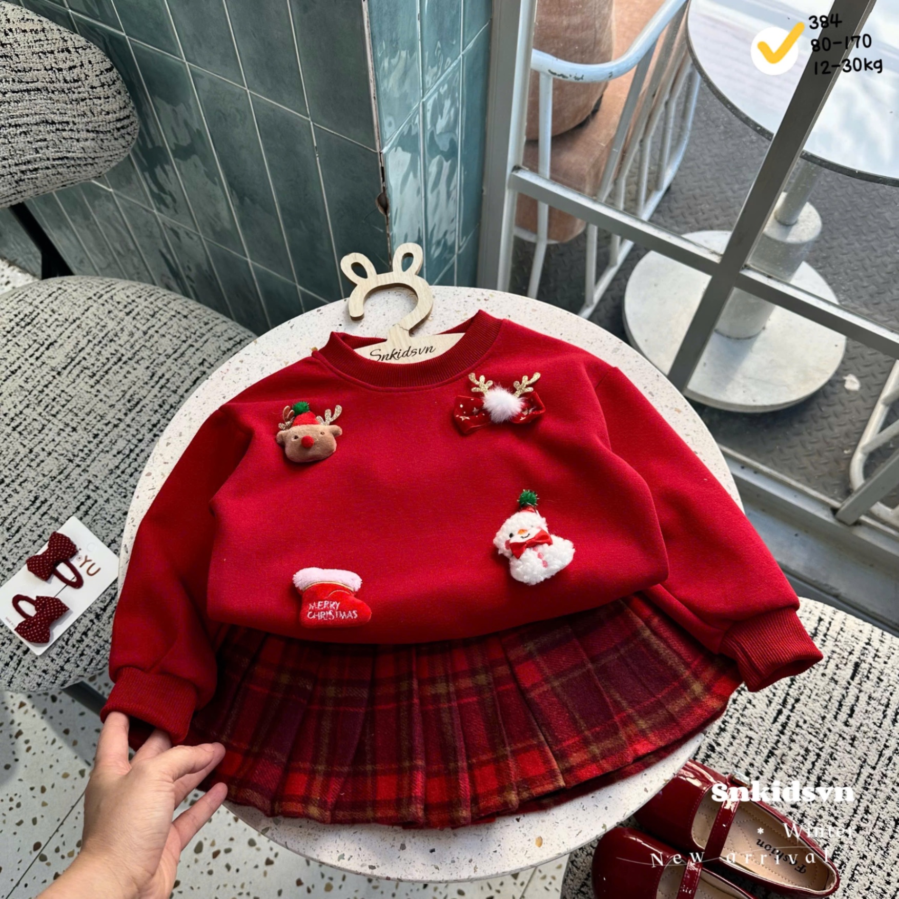 Sét áo nỉ hai da noel cv kẻ dạ đẹp bé gái