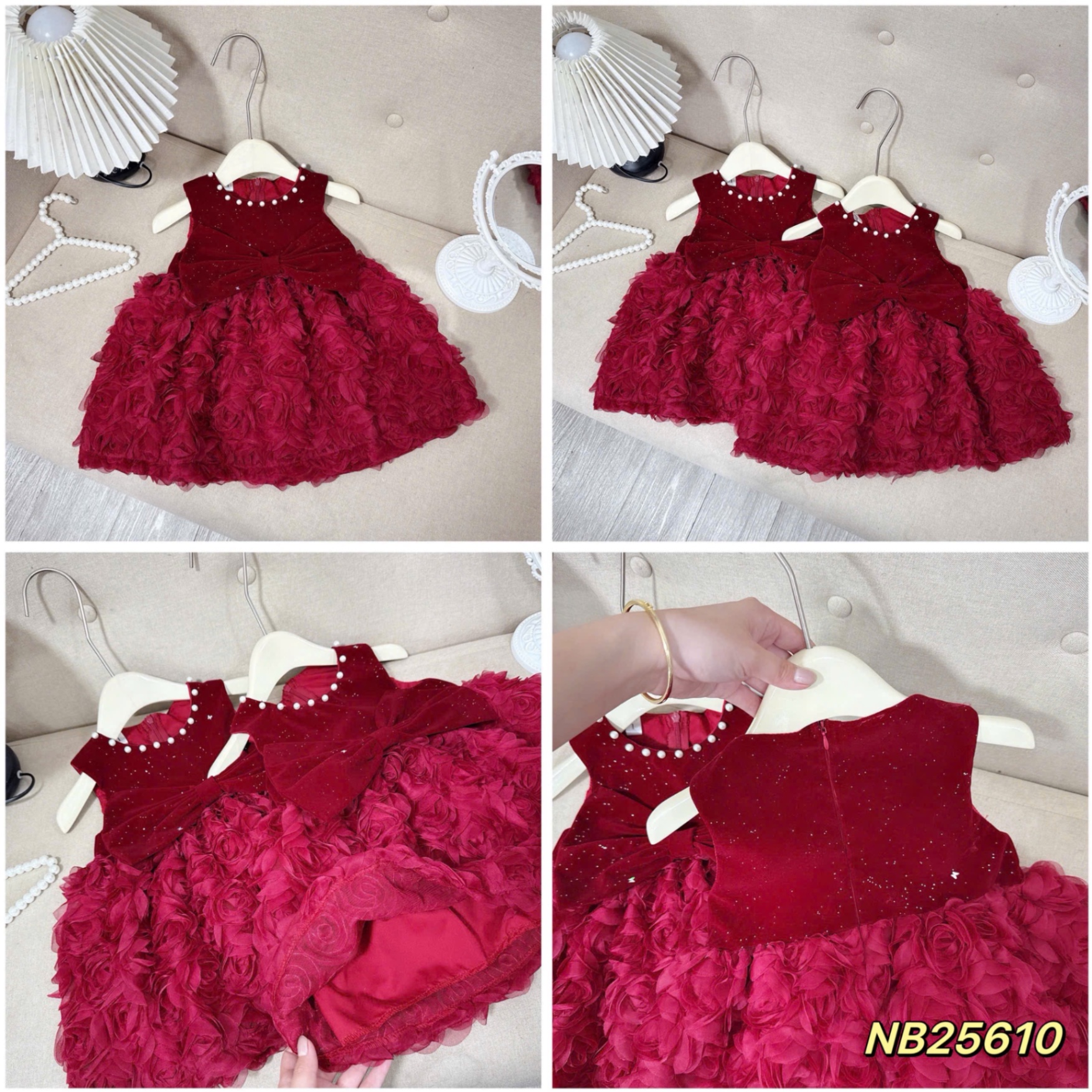 Sét váy nhung đỏ cổ ngọc thân bồng hoa bé gái