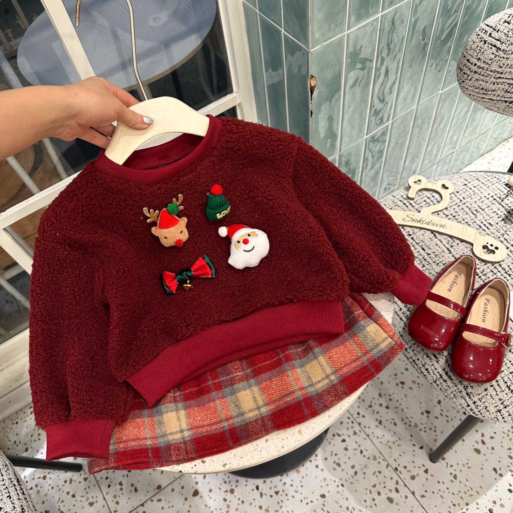 Sét áo lông noel cv kẻ caro bé gái