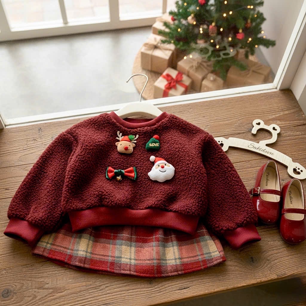 Sét áo lông noel cv kẻ caro bé gái