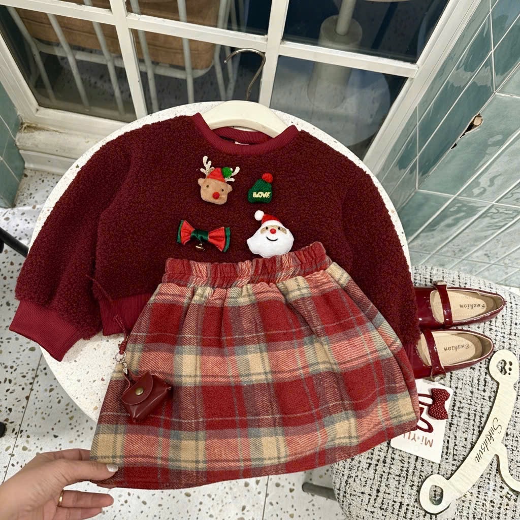 Sét áo lông noel cv kẻ caro bé gái