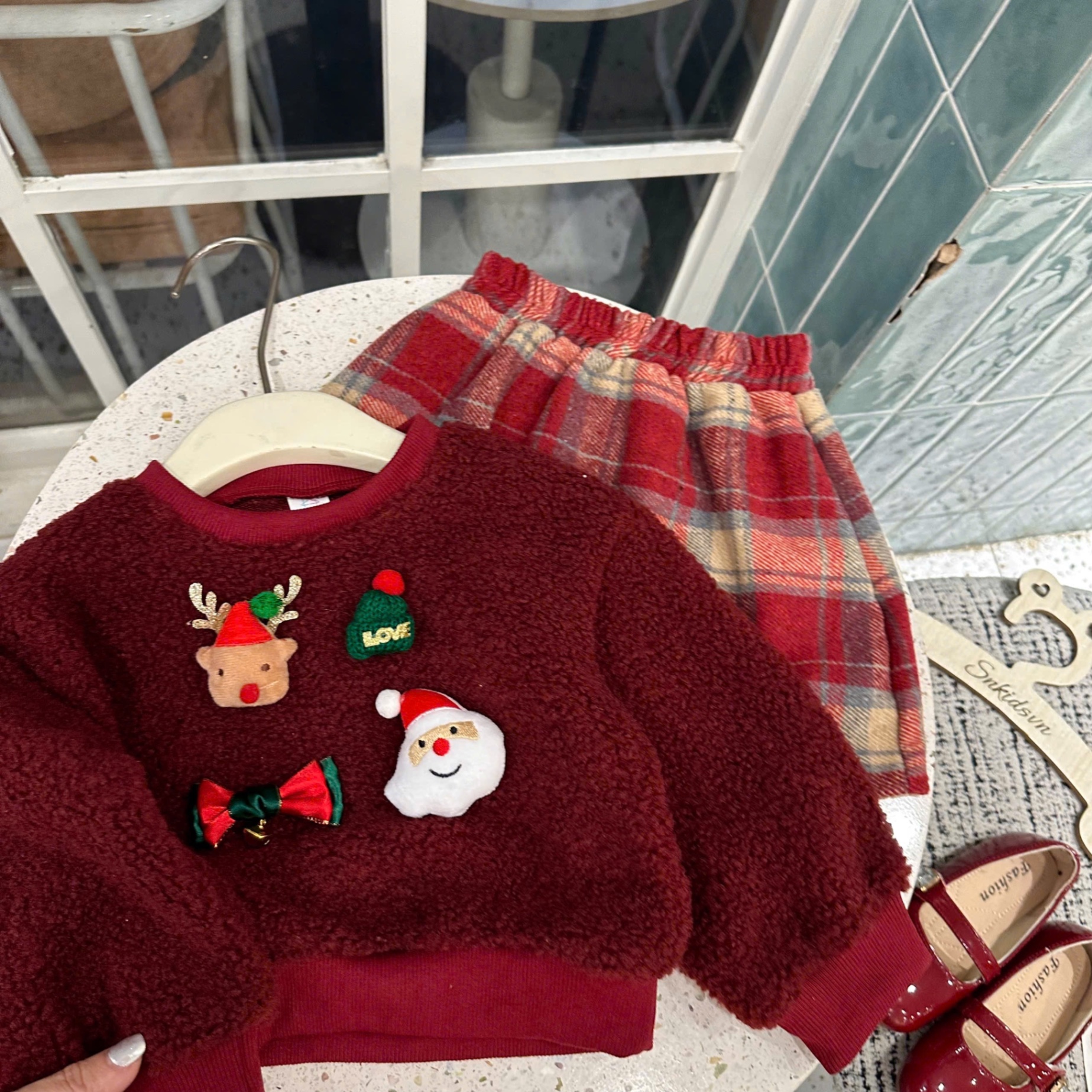 Sét áo lông noel cv kẻ caro bé gái