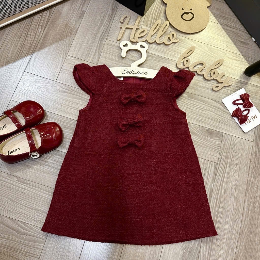 Váy dạ kem đỏ đính nơ bé gái