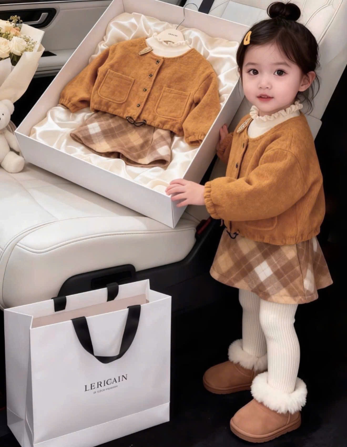 Dạ nâu vàng 3 chi tiết bé gái