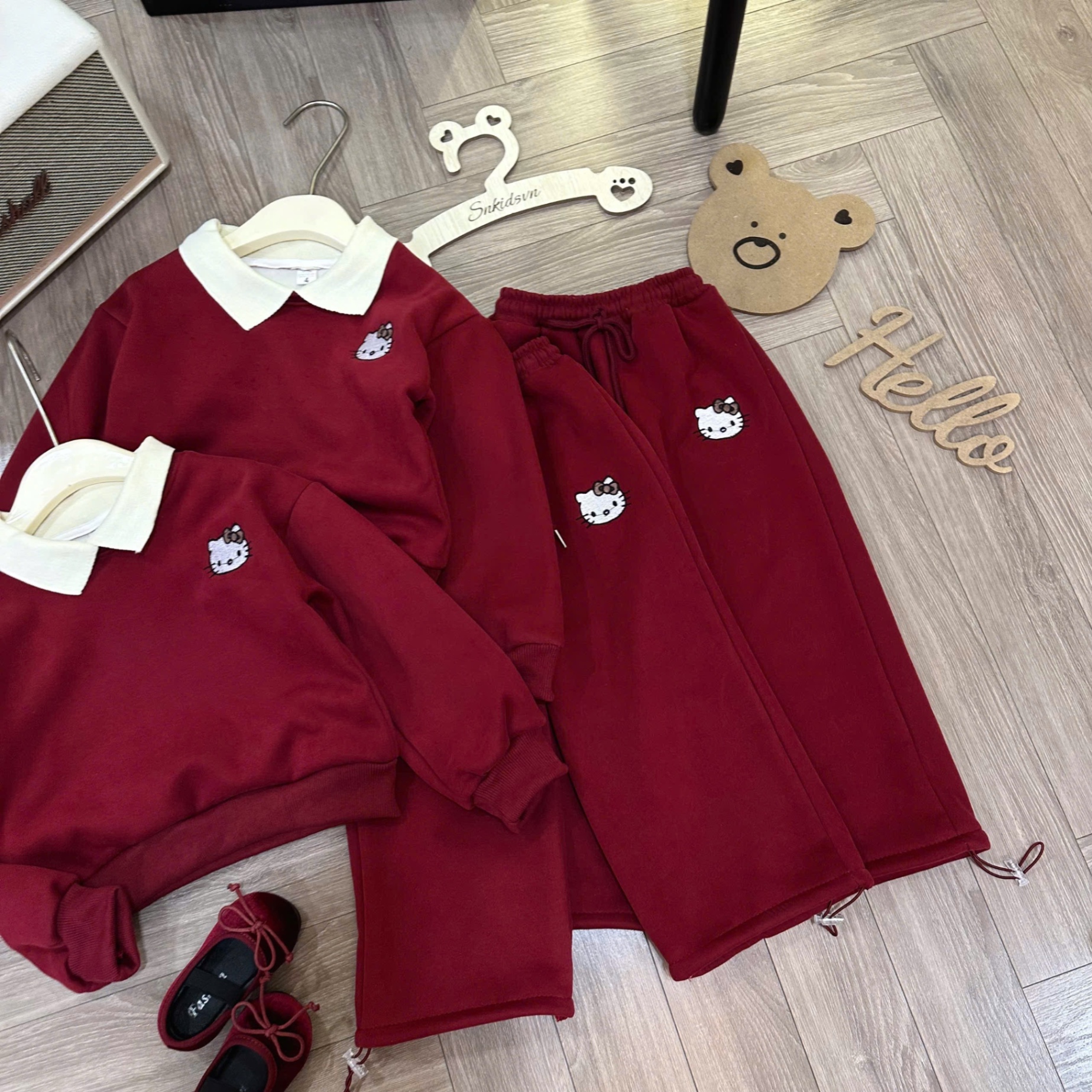 Sét bộ nỉ lót lông mịn kitty đỏ quần xuông bé gái