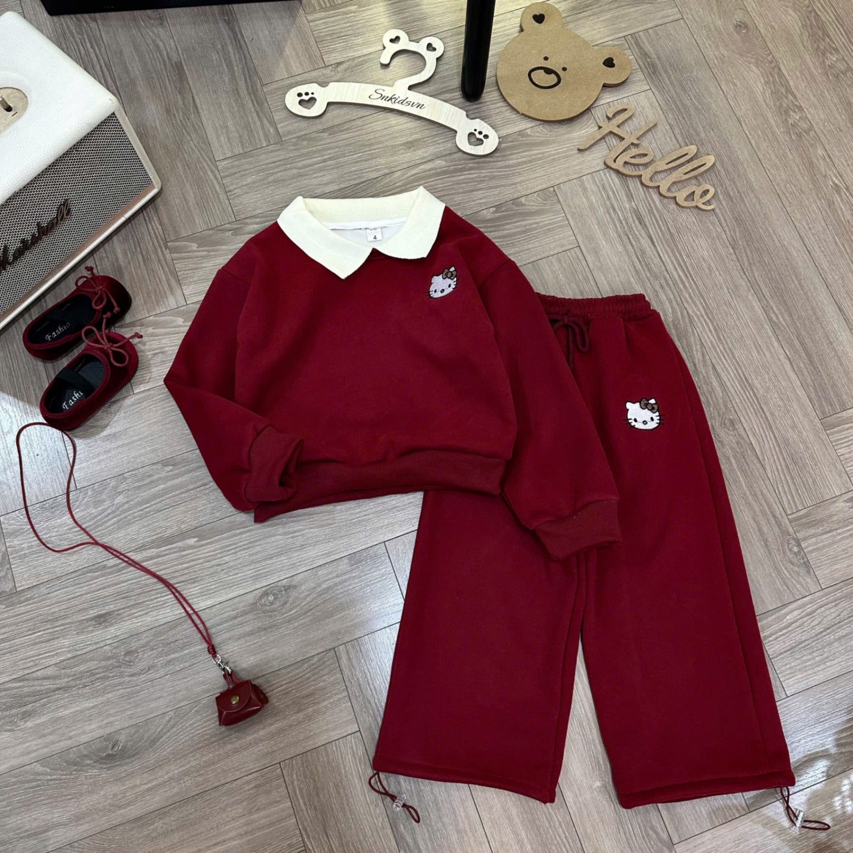 Sét bộ nỉ lót lông mịn kitty đỏ quần xuông bé gái