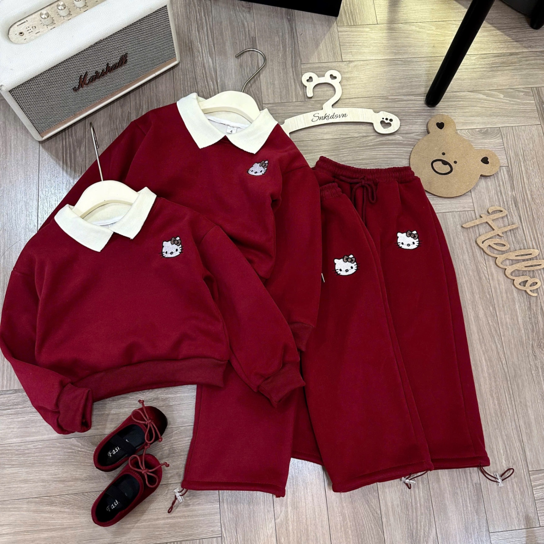 Sét bộ nỉ lót lông mịn kitty đỏ quần xuông bé gái