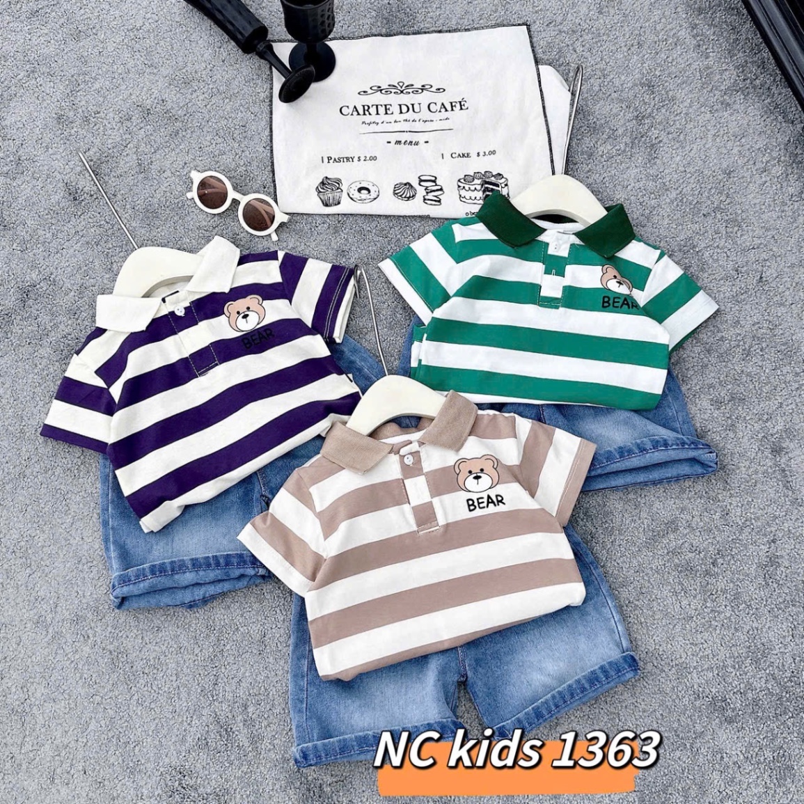 Sét áo gấu kẻ quần sooc bò cho bé trai