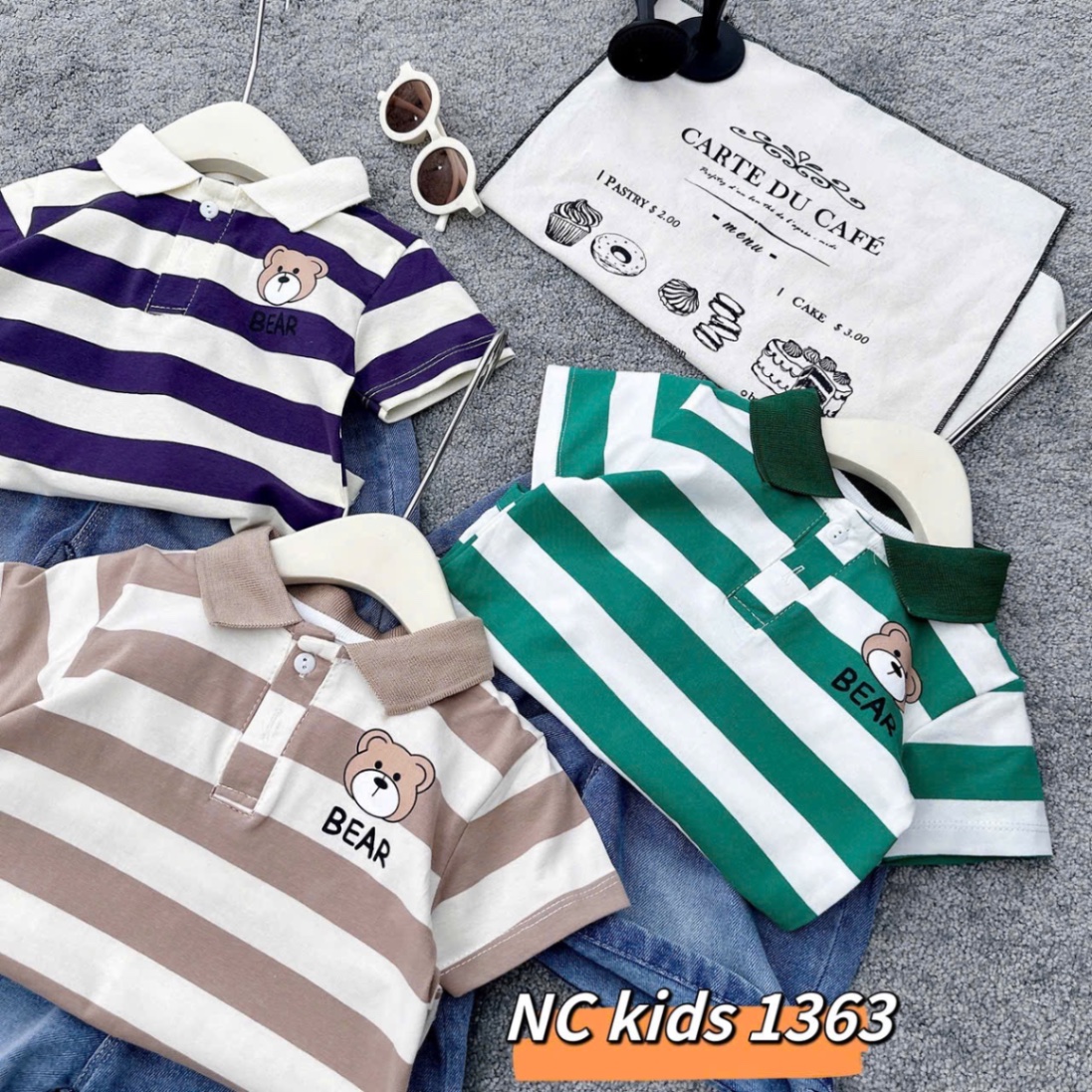 Sét áo gấu kẻ quần sooc bò cho bé trai