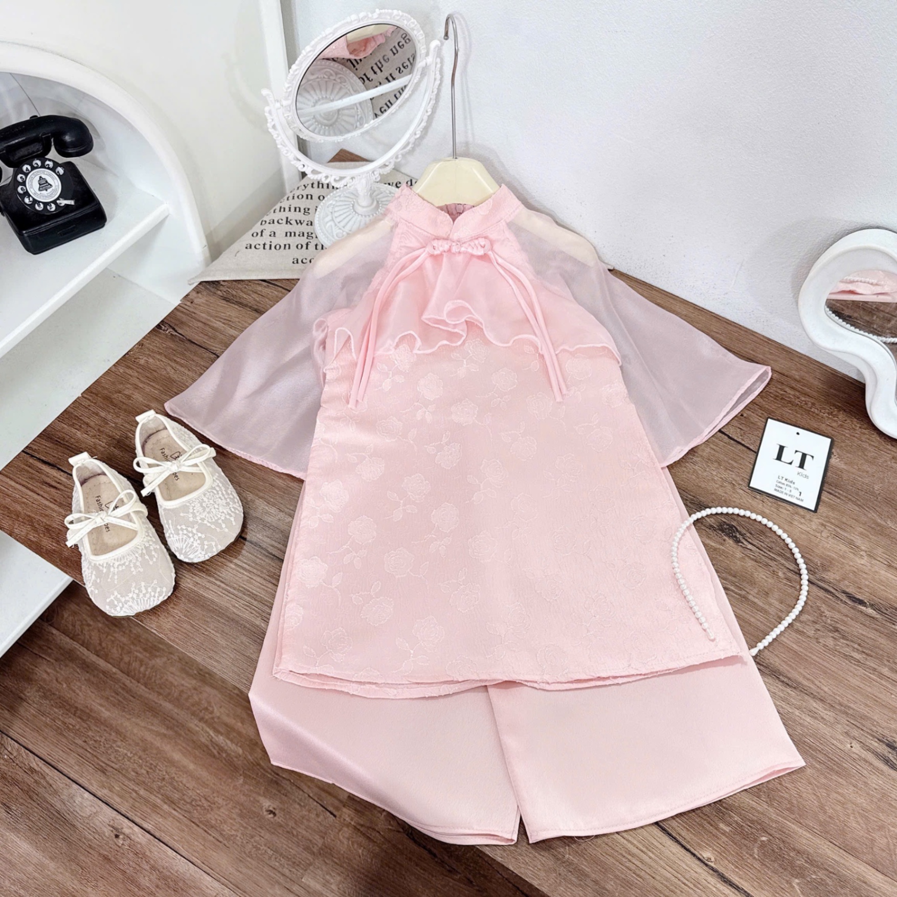 Sét áo dài gấm phối tơ bé gái lt