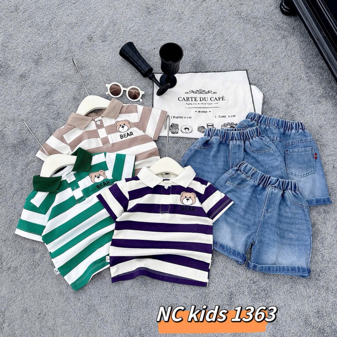 Sét áo gấu kẻ quần sooc bò cho bé trai
