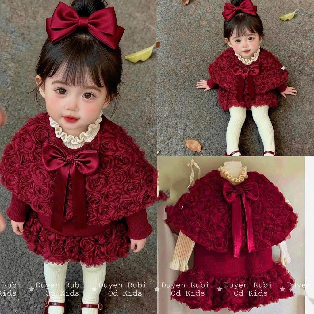 Váy dạ đỏ phối hoa kèm choàng hoa bé gái