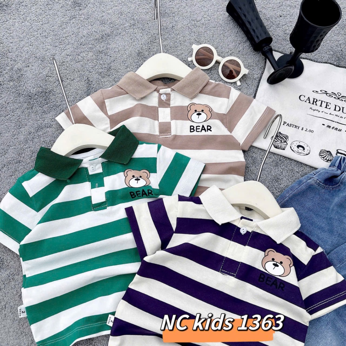 Sét áo gấu kẻ quần sooc bò cho bé trai