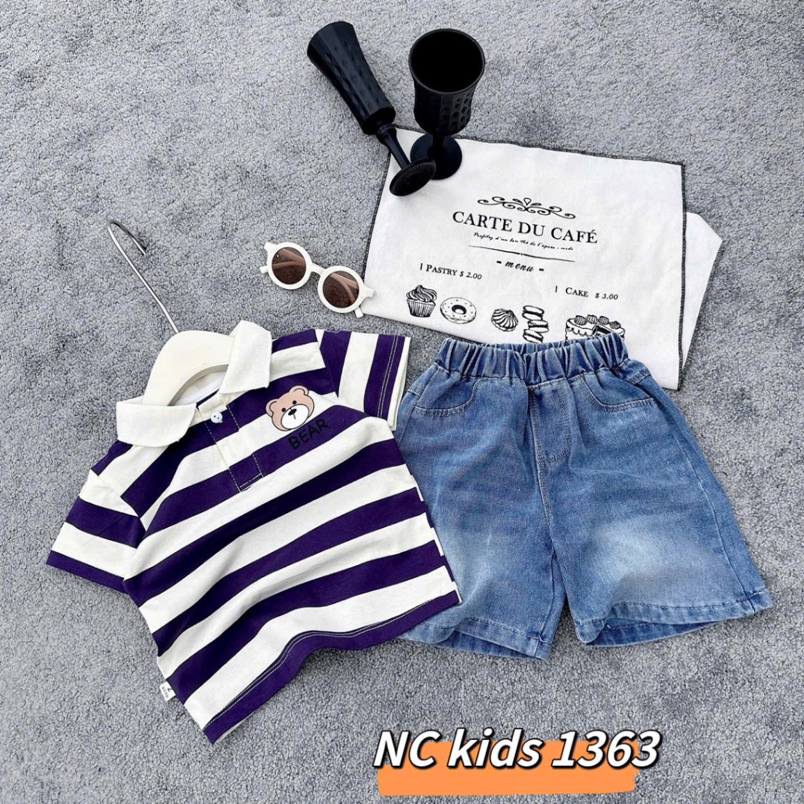 Sét áo gấu kẻ quần sooc bò cho bé trai