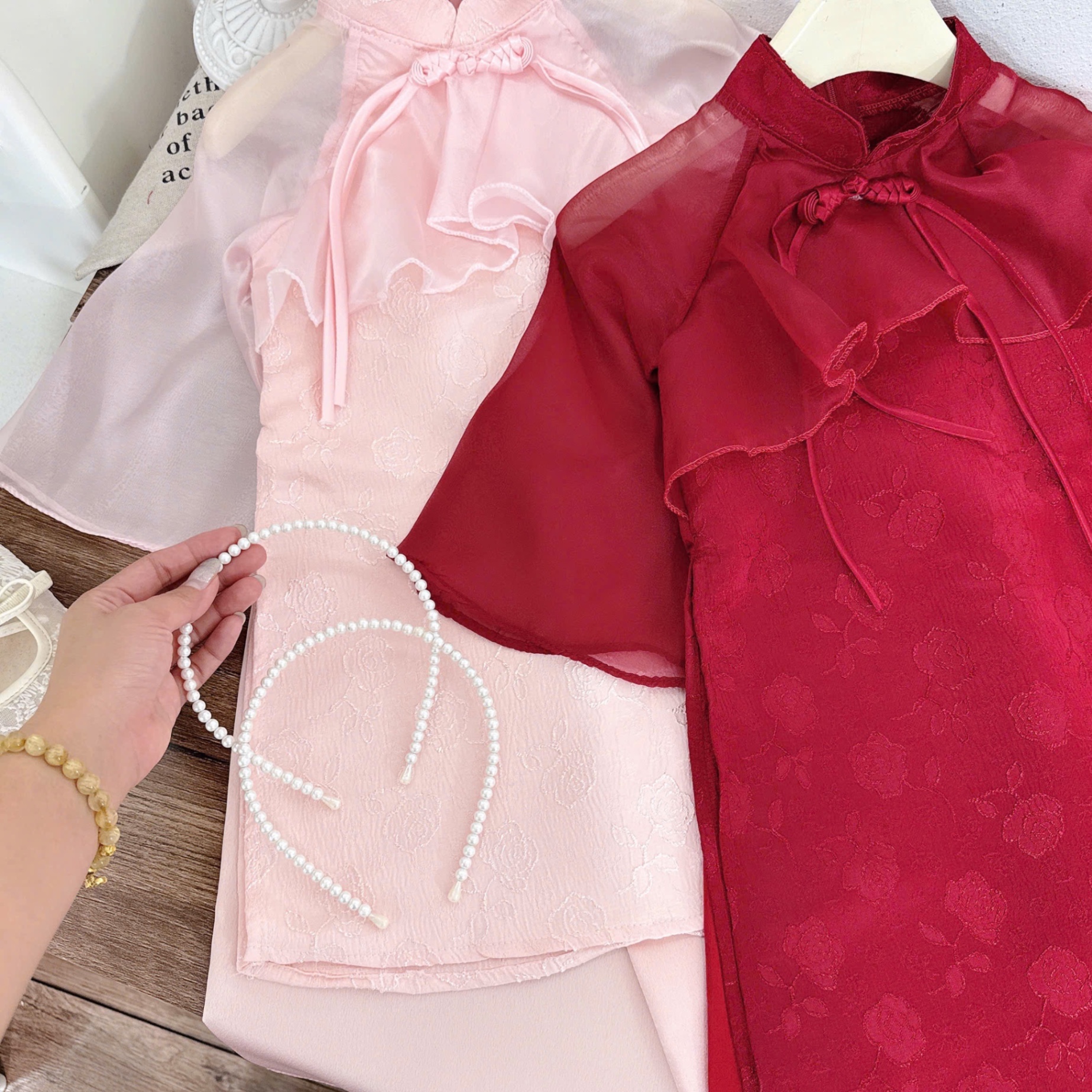 Sét áo dài gấm phối tơ bé gái lt