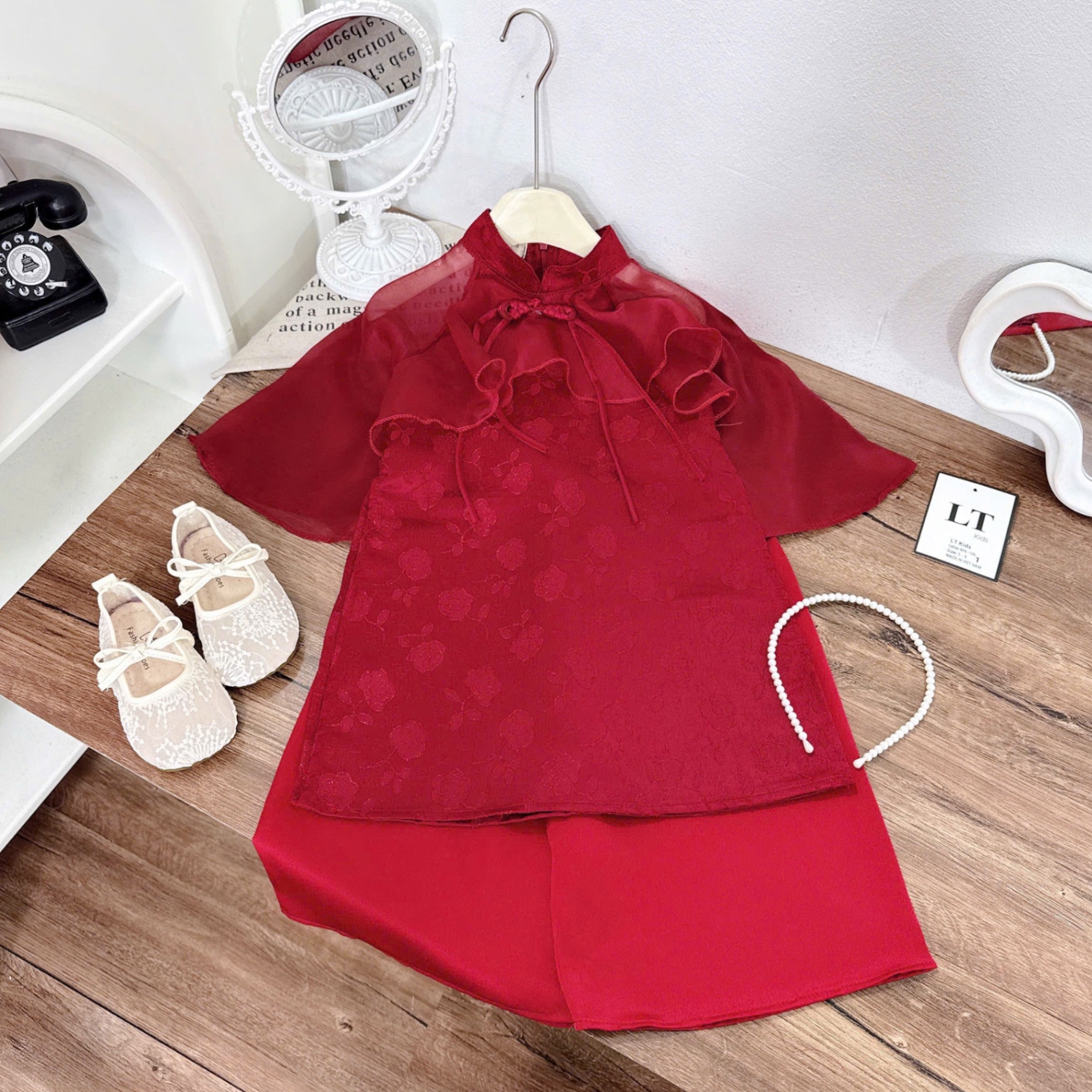 Sét áo dài gấm phối tơ bé gái lt