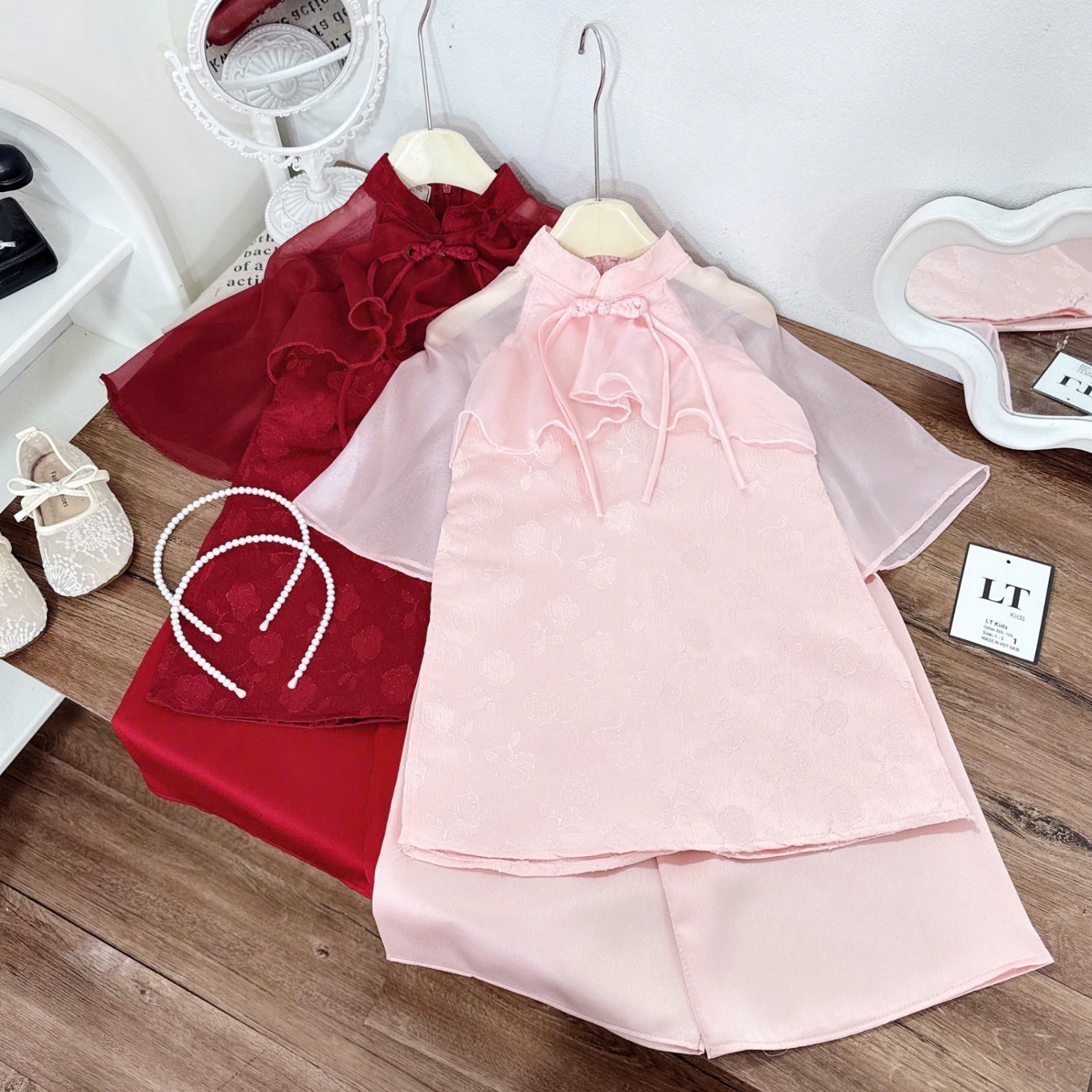 Sét áo dài gấm phối tơ bé gái lt